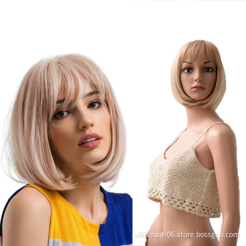 Hot Selling Ombre Ash Blonde Color Machine Made Short Bob Wigs With Bangs For Black Women Daily Use Heat Resistant Synthetic Wig